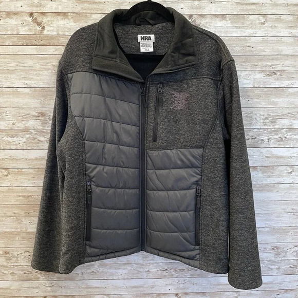 NRA Mens L Jacket Black Logo Puffer Knitted‎ Combo Full Zip 3 Zippered Pockets - Picture 1 of 10